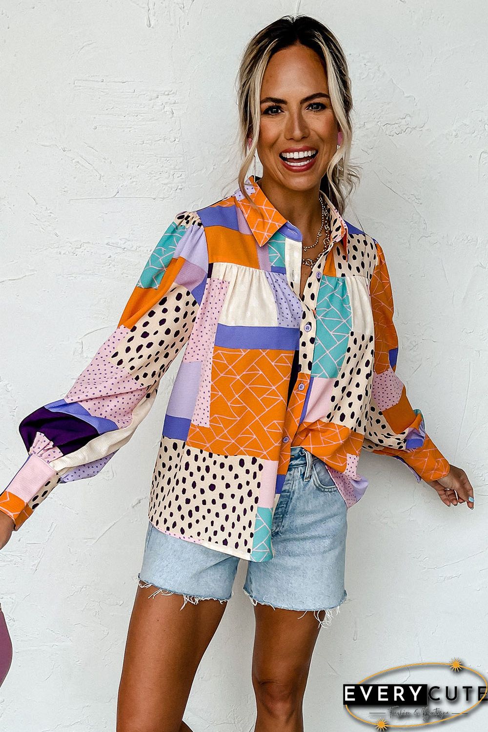Multicolor Mixed Print Button Front Cuffed Sleeve Shirt