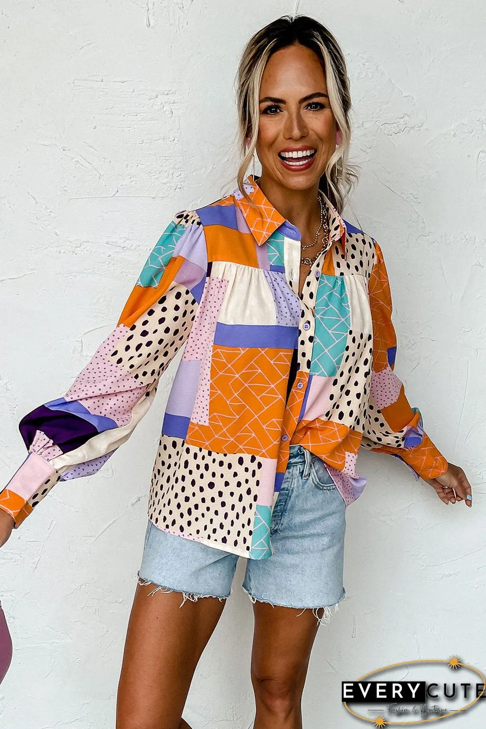 Multicolor Mixed Print Button Front Cuffed Sleeve Shirt