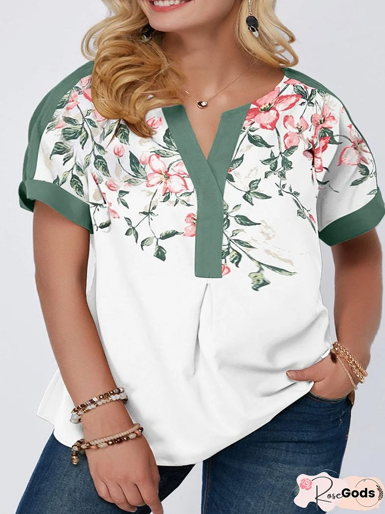 Crew Neck A-Line Floral Short Sleeve Tops