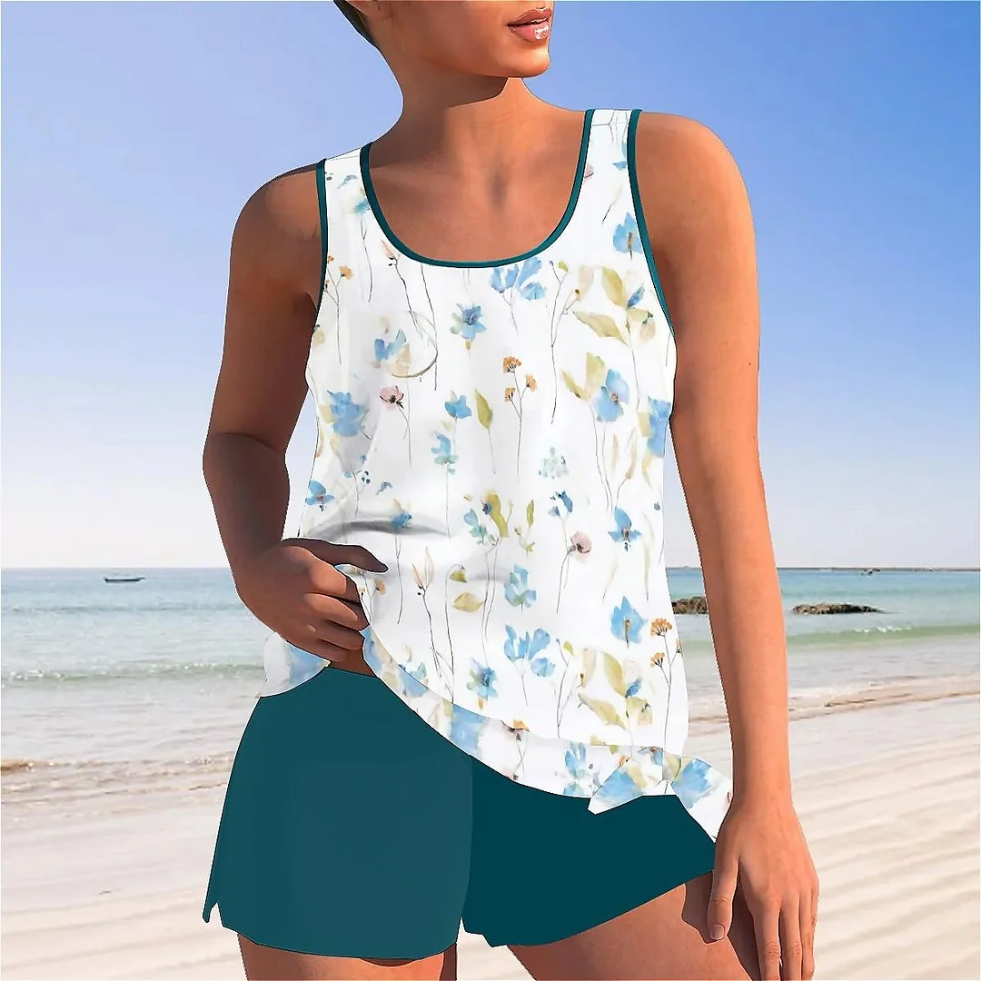 Bowknot Floral,Yellow,Blue Mid Waisted Tankini Set - Plus Size Available
