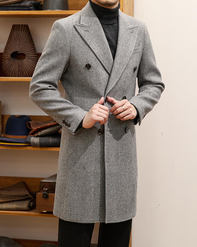 Men's Grey Casual Long Thickened Wool Jacket