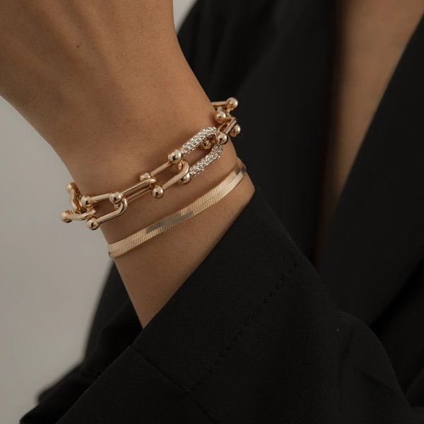 2pcs/set Women Fashion Metal Bangle Bracelet Trendy U Link Crystal Bracelet Jewelry Gift - Shop Trendy Women's Fashion | TeeYours
