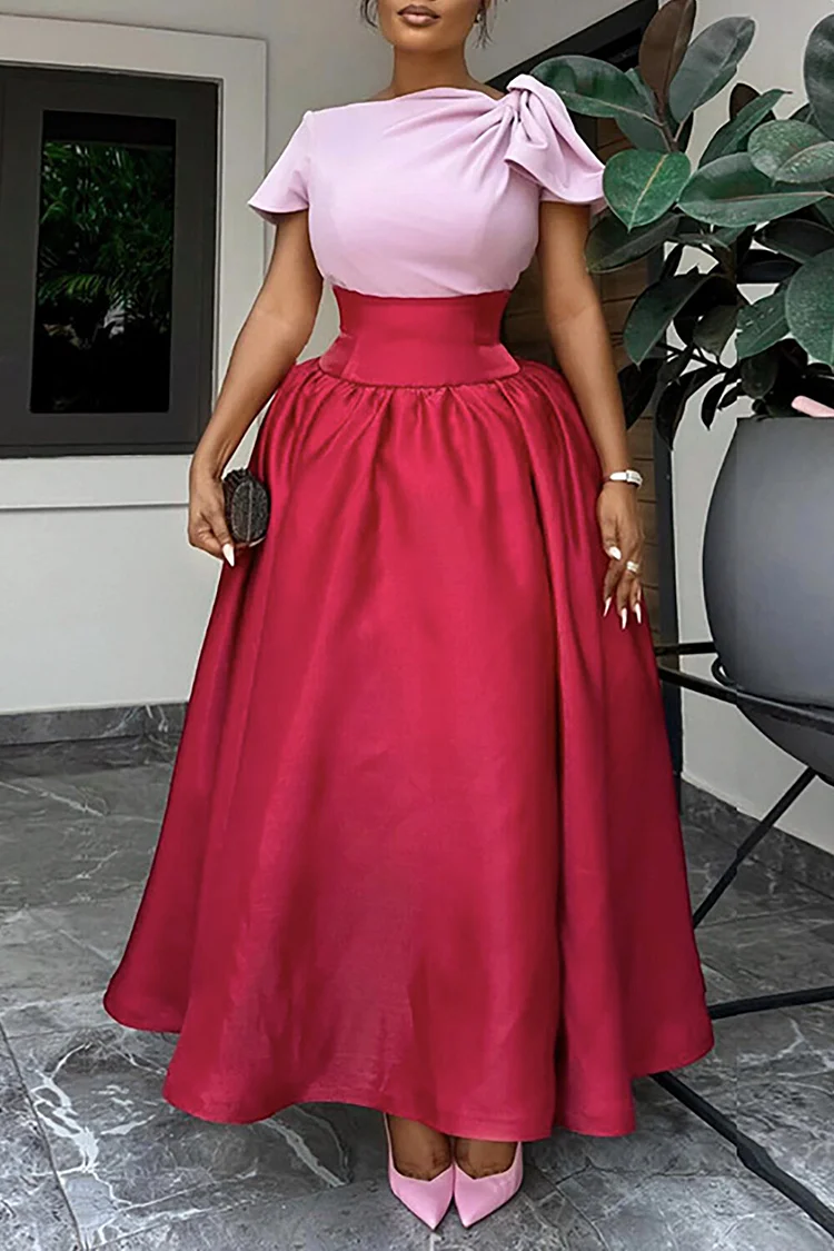 Ruched Short Sleeve Cinch Waist Colorblock Maxi Dresses-Red