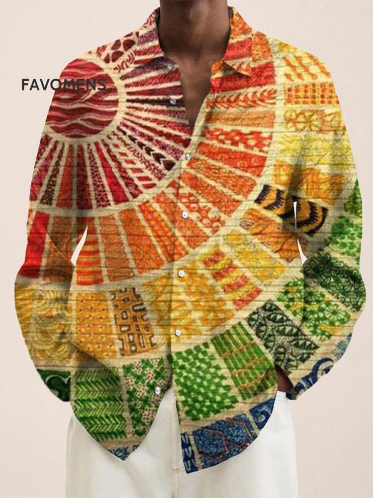 Collage Sun Gradient Art Painting Vintage Stripe Print 100% Cotton Long Sleeve Shirt Multicolor / S