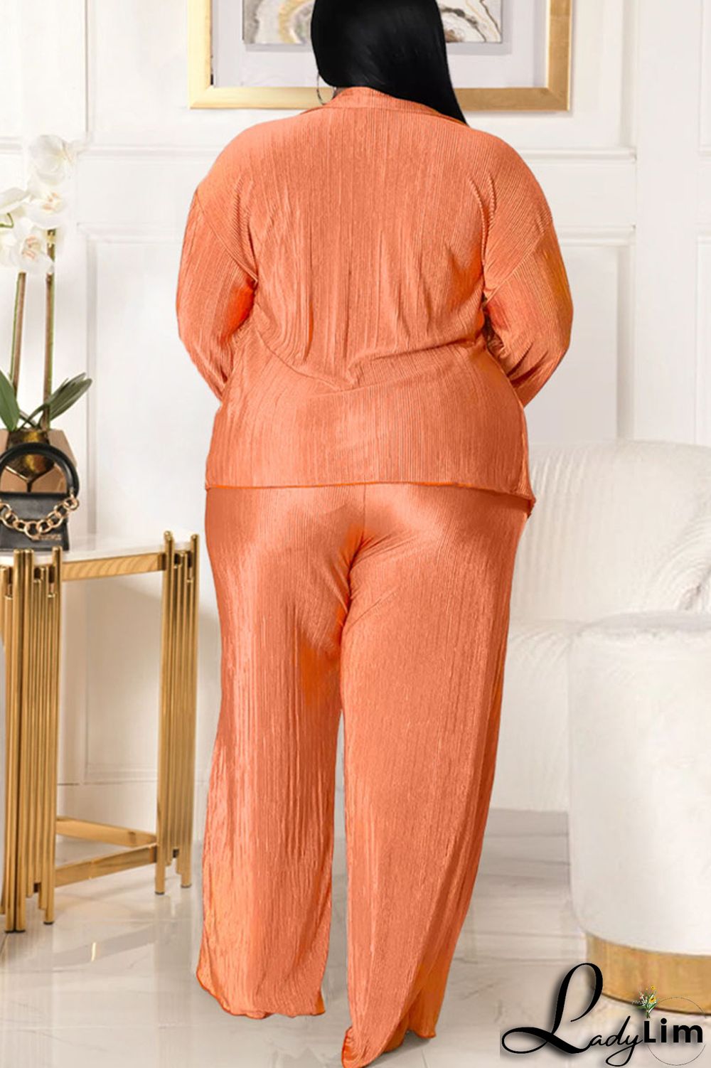 Tangerine Red Sexy Solid Patchwork Turndown Collar Plus Size Three Pieces