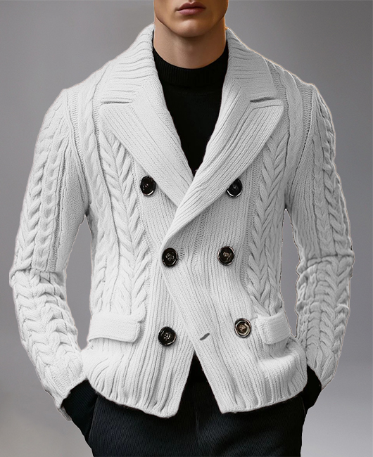 Casual Cable Knit Lapel Collar Double Breasted Long Sleeve Sweater