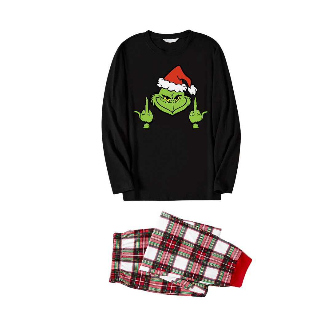 Christmas Cartoon Pattern Print Black Long Sleeve Top with Red & White & Green Plaid Family Matching Pajamas