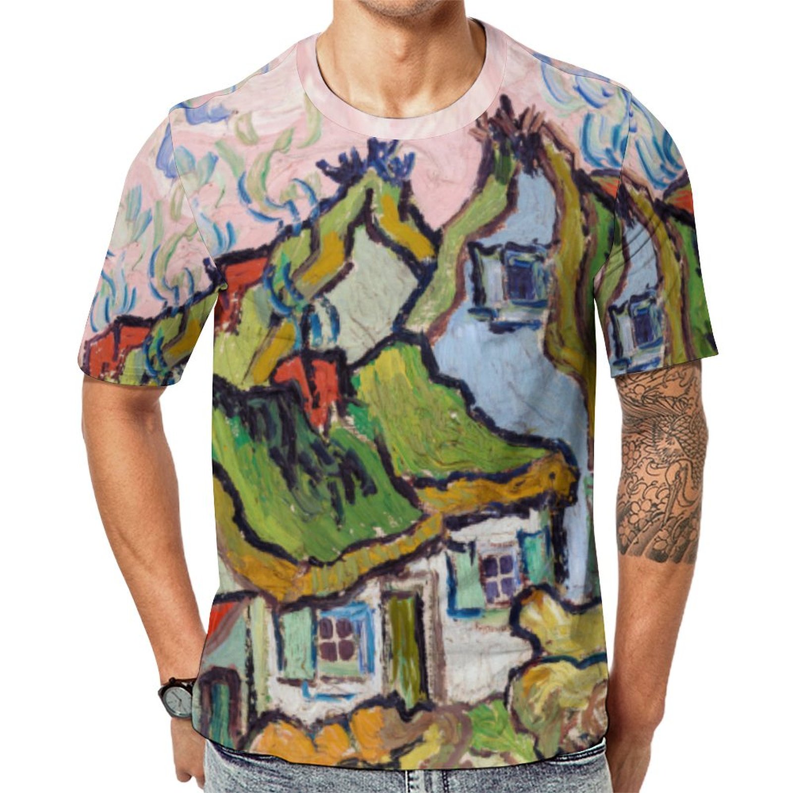 Vincent Van Gogh Houses And Figure Short Sleeve Print Unisex Tshirt Summer Casual Tees for Men and Women Coolcoshirts