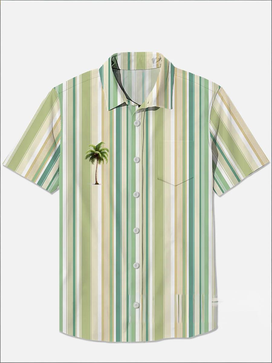 Minimalist striped pattern and palm tree Printing Breast Pocket Short Sleeve Shirt PLUSCLOTHESMAN