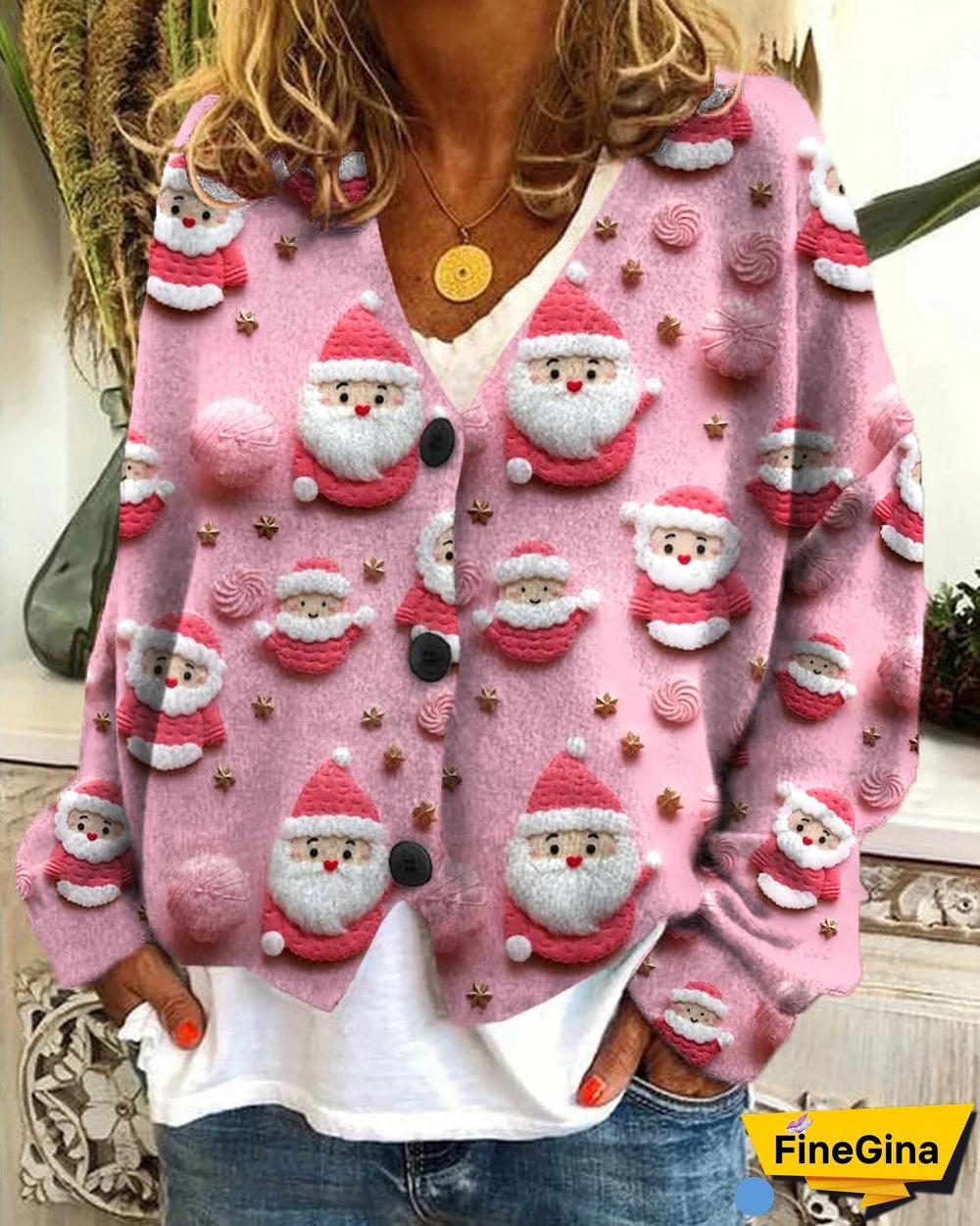 Women's Embroidered Christmas Print Casual Loose Button Flannel Cardigan