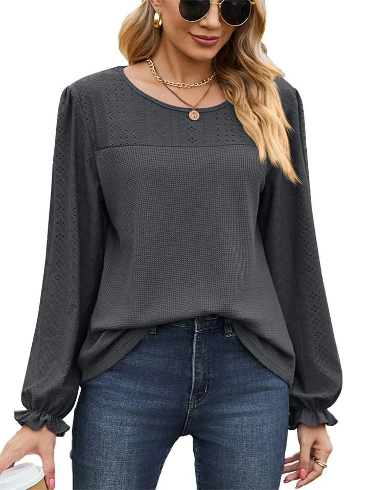 Autumn and Winter New Splicing Round Neck Loose Long-sleeved Solid Color Casual T-shirt Temperament Commuter Tops Female-Cosfine