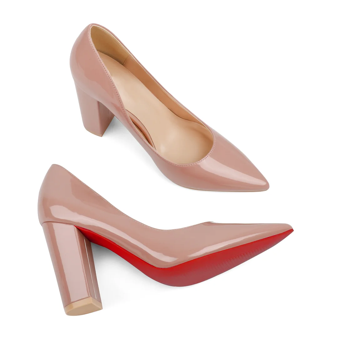 3.5" Women's Chunky Heels Red Bottom Shoes Comfortable Middle Block Heel Patent Pumps-MERUMOTE