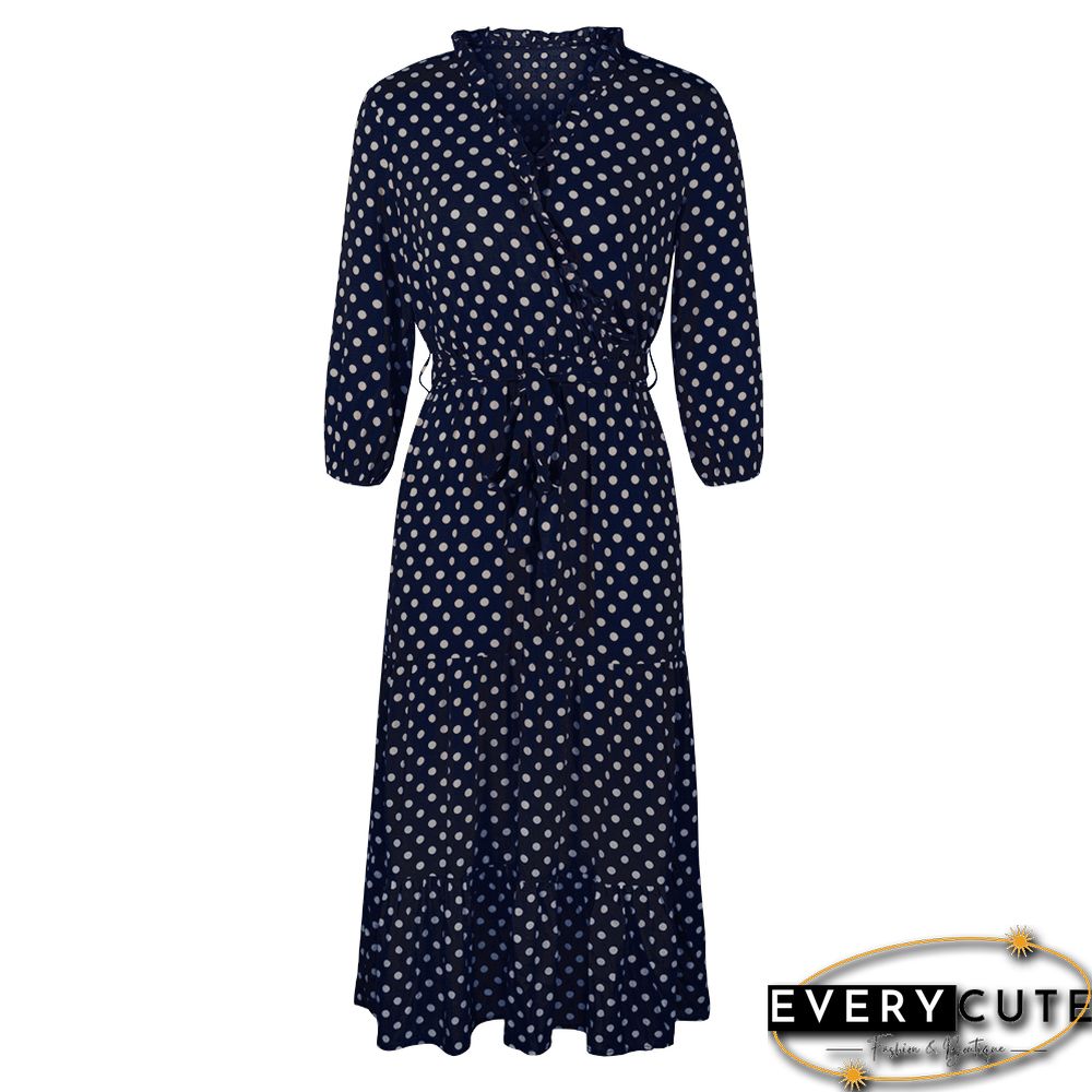 Navy Blue 3/4 Sleeve Polka Dot Ruffle Hem Maxi Dress