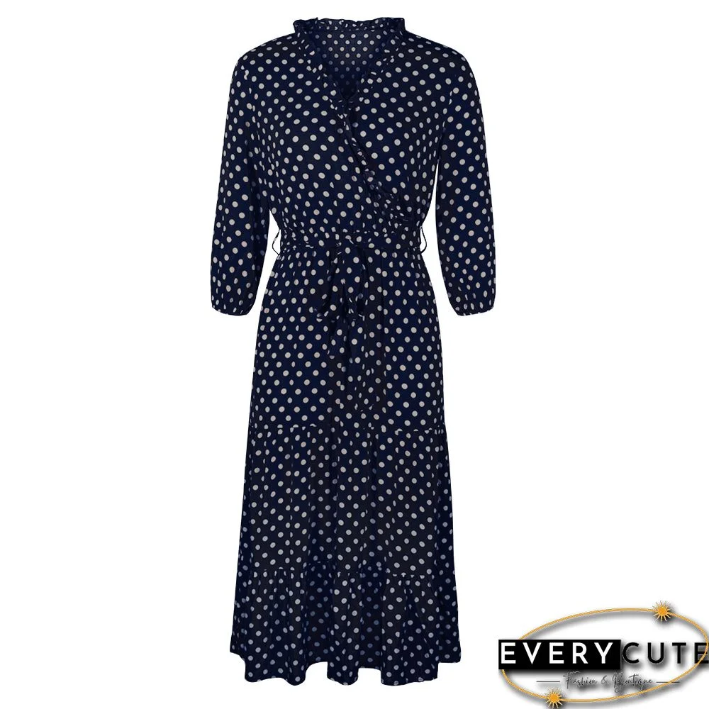 Navy Blue 3/4 Sleeve Polka Dot Ruffle Hem Maxi Dress