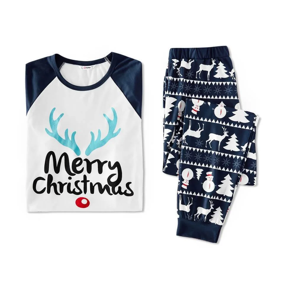 Christmas Antler Top and Snowman Reindeer Print Pants Family Matching Pajamas Sets
