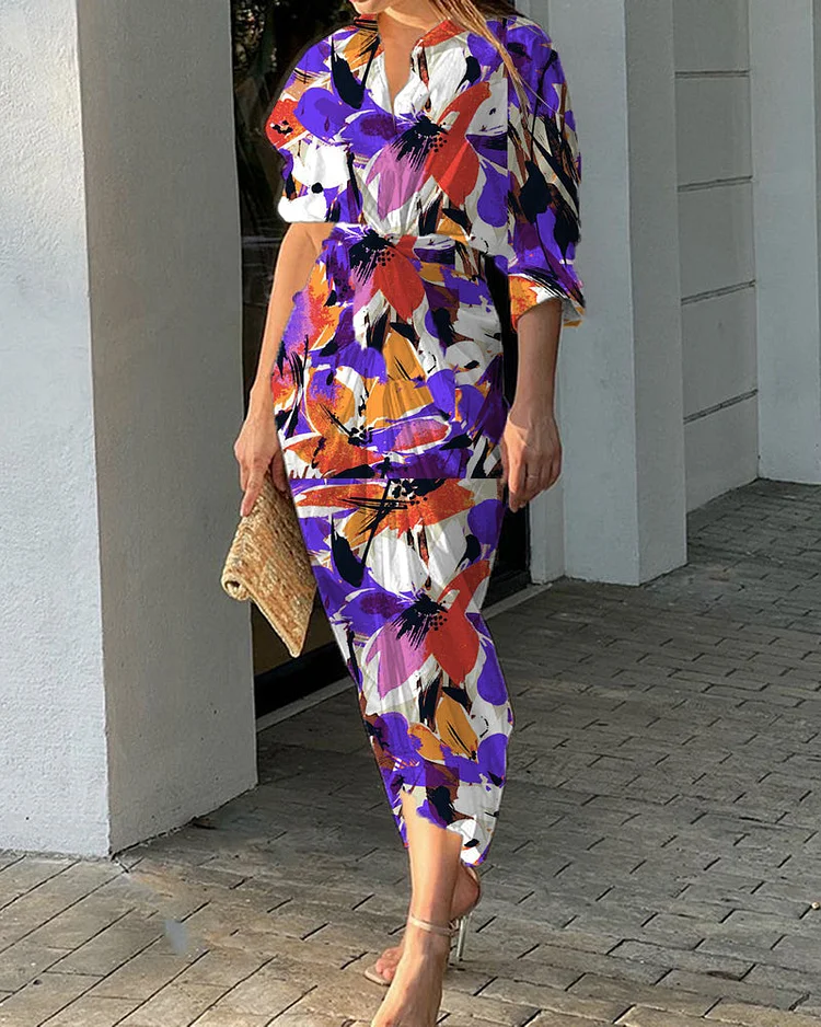 Casual Lapel Tie Print Dress