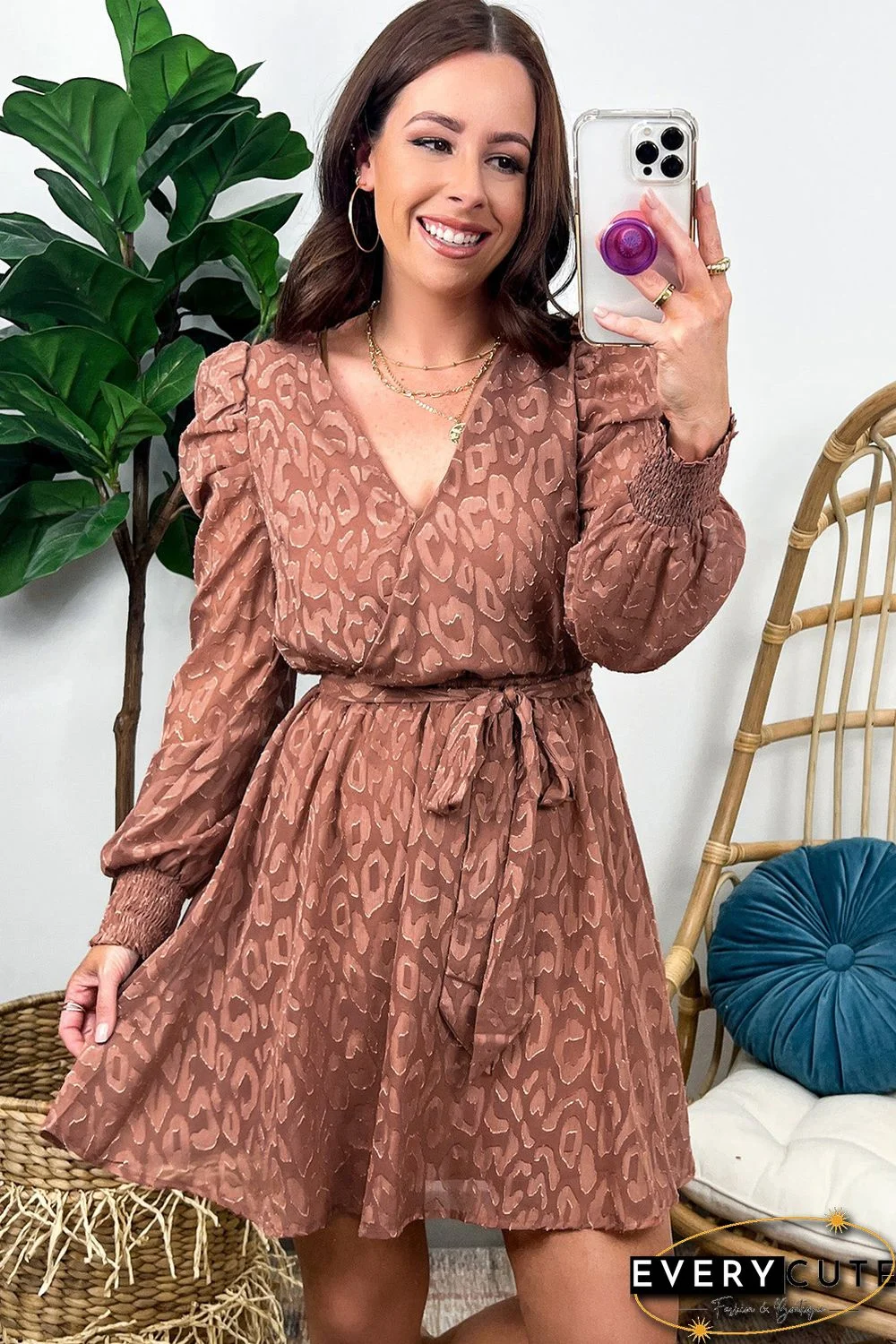 Jacquard Animal Print Surplice V Neck Short Dress