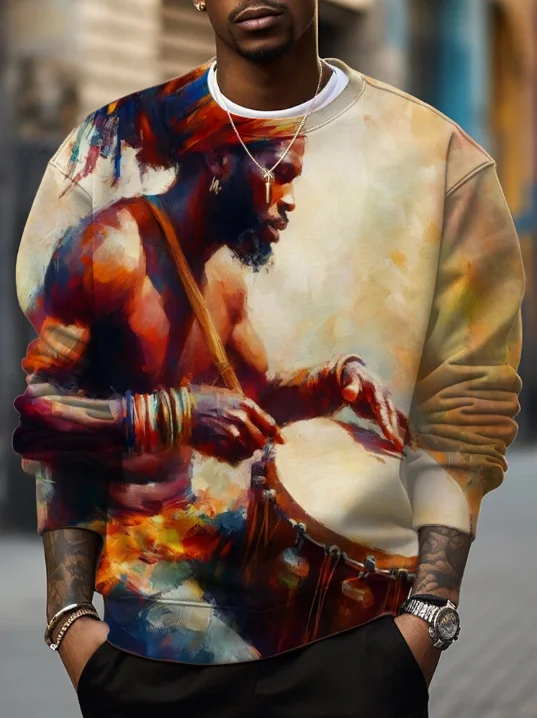 Men's Black Man Playing African Drum Print Casual Sweatshirt