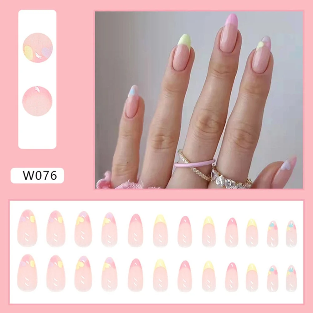 24pcs Point Head False Nails Tips Press On Nail with Heart Print Design Girl DIY Nail Patch Removable French Style Fake Nails-Nail Inspo