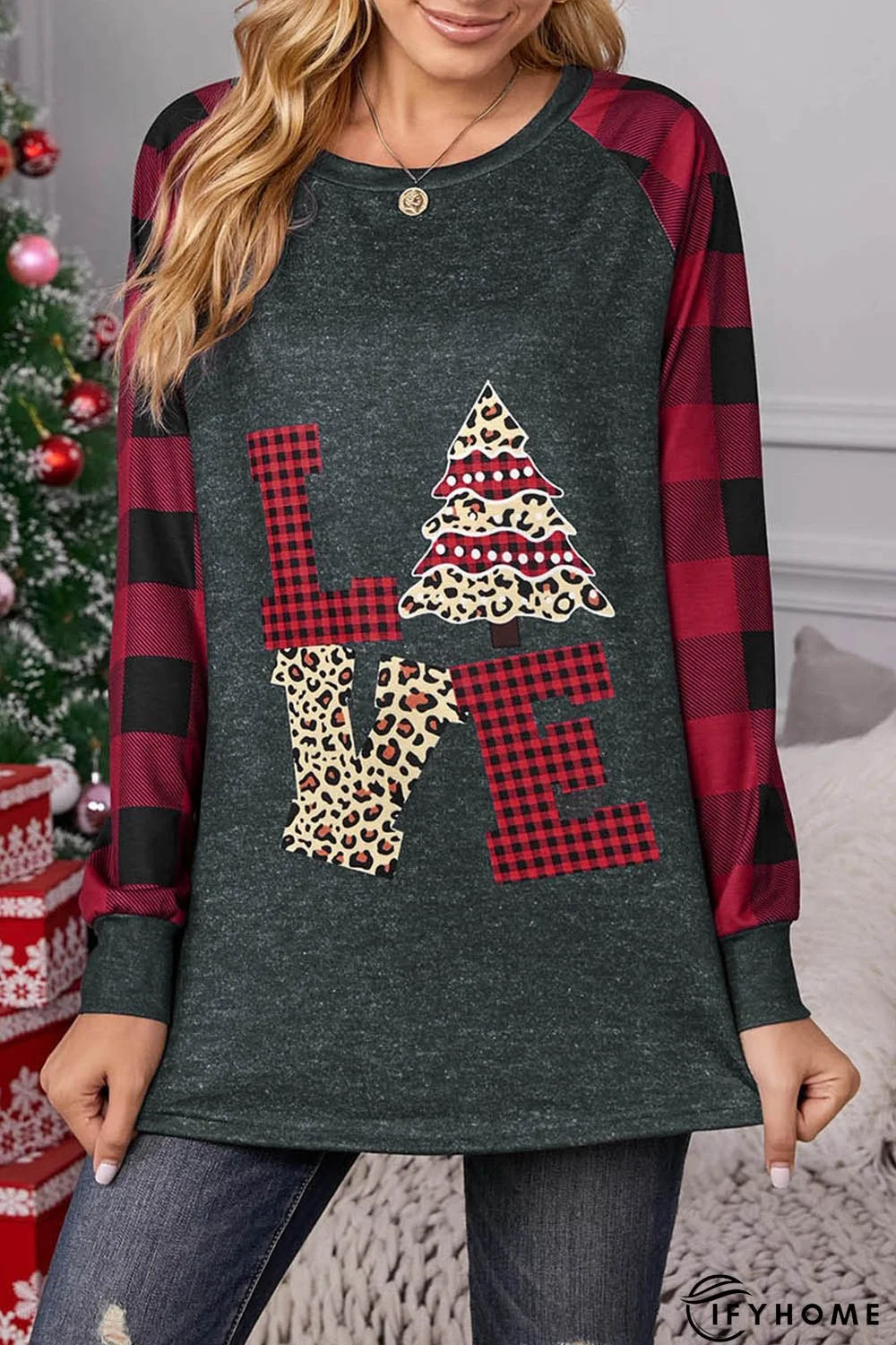 Red  Plaid Christmas Print Long Sleeve Top | IFYHOME