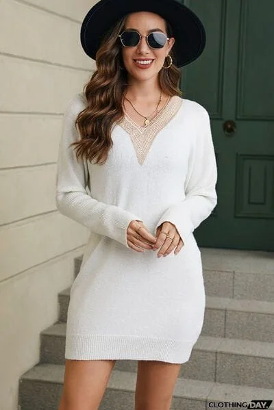 V-Neck Long Sleeve Mini Sweater Dress