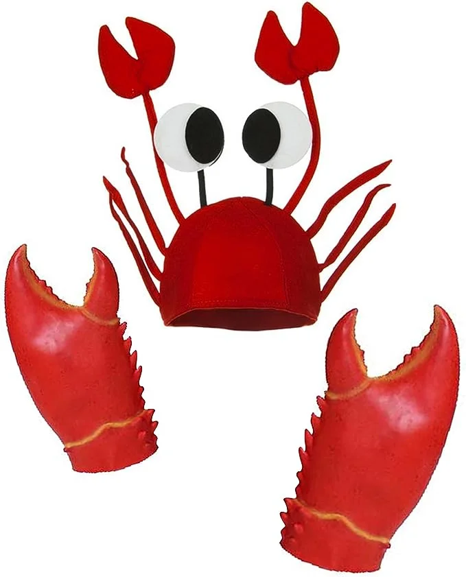 Halloween Funny Crazy Crab Hat with Claws Antenna, Latex Giant Crab Claws Gloves Mitt Kit, Crab Costume Props Hat Set Red