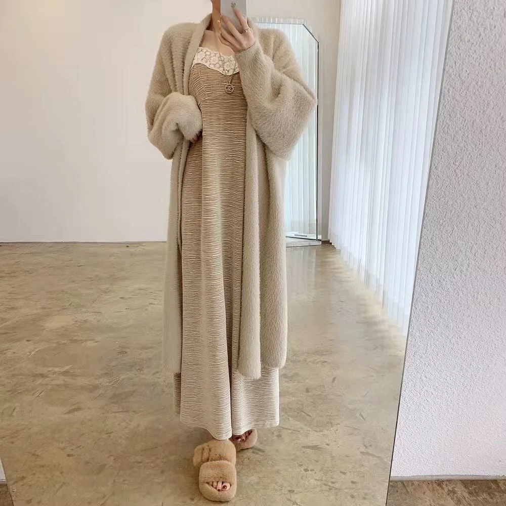 huibahe Sweater Women's Long Imitation Mink Loose Oversized Cardigan Autumn Thickened Warm Casual Solid Color Knit Coat