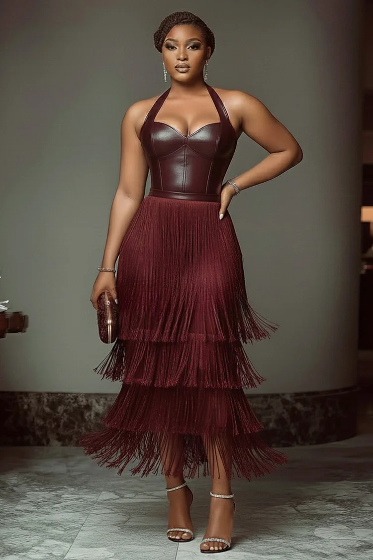 Halter PU Leather Panel Fringe Hem Party Maxi Dresses-Burgundy