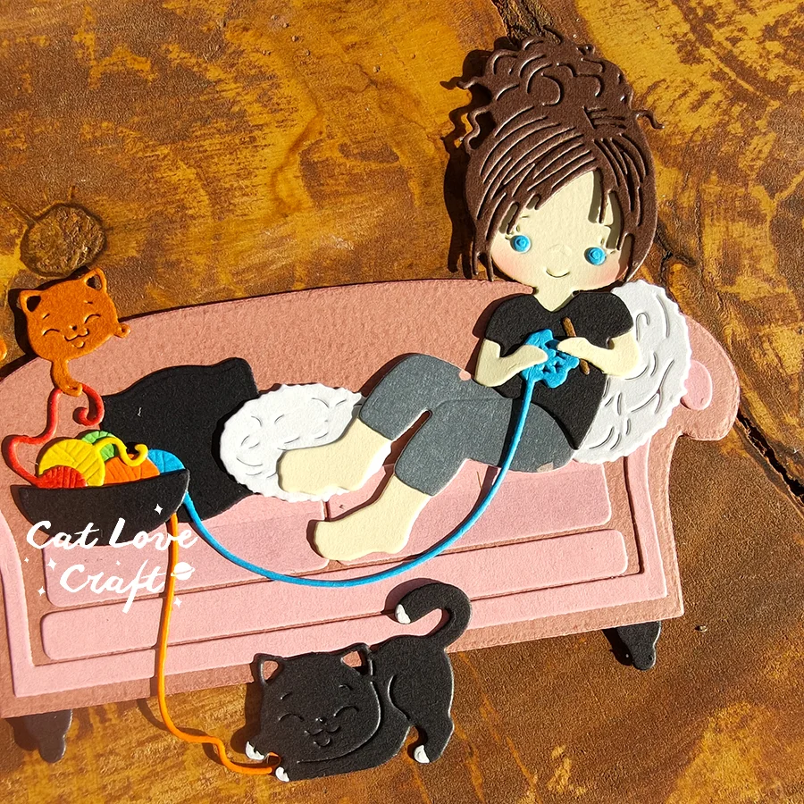 Nigikala Girl knitting on the sofa Metal Cutting Dies Scrapbooking Stencil Die Cuts Card Making Craft Embossing New Dies For 2023