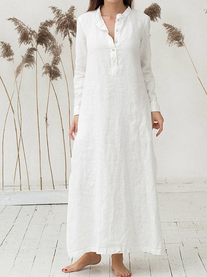 Casual Solid Color Loose Cotton Linen Dress 