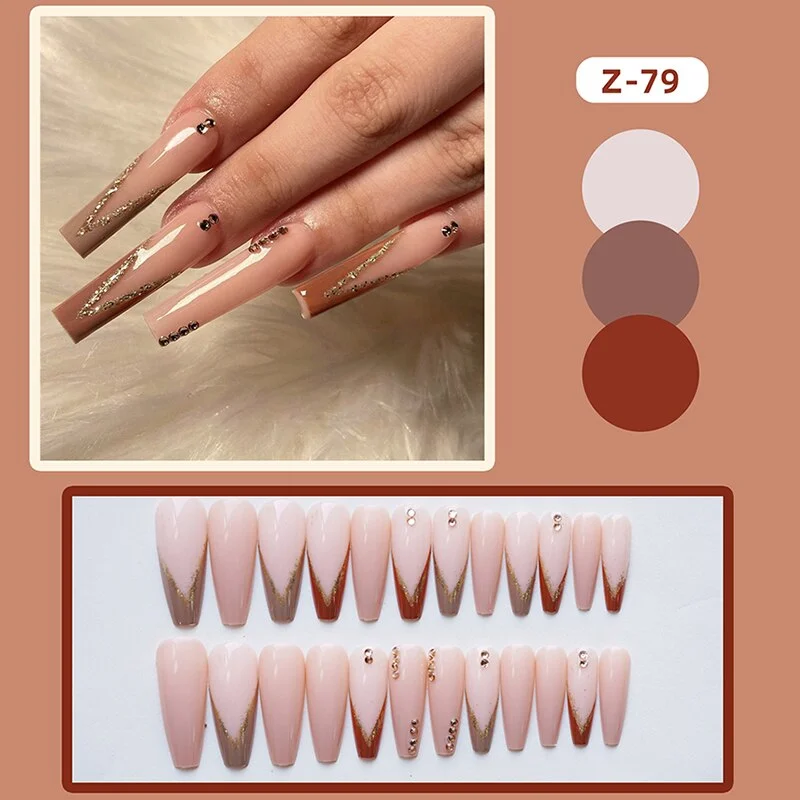 24pcs Pink Rose Design False Nail Patch Coffin Fake Nails Removable Long Paragraph Fashion Manicure Nail Art Press On Nail Tips-Nail Inspo