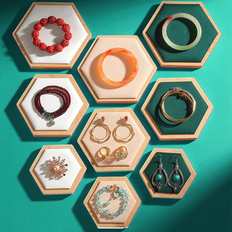 Creative Hexagon Jewelry Display Plate Bamboo And Wood Jewelry Display Table Three-piece Set Jewelry Display Rack