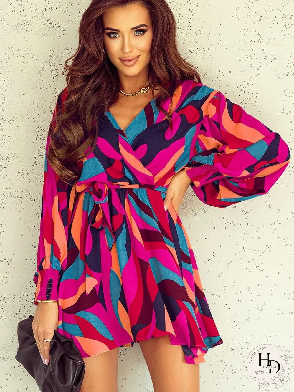 Lapel Print Lace-Up Long Sleeve Dress