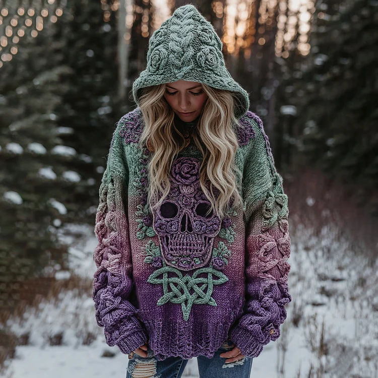 Women's Viking Tribal Jacquard Celtic With Rose And Skull Inspired Chunky Knit Hooded Sweater