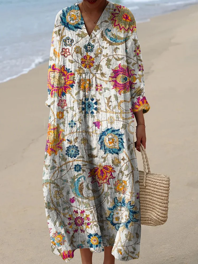 Women's Vintage Lovely Floral Art Print Flowy Dress