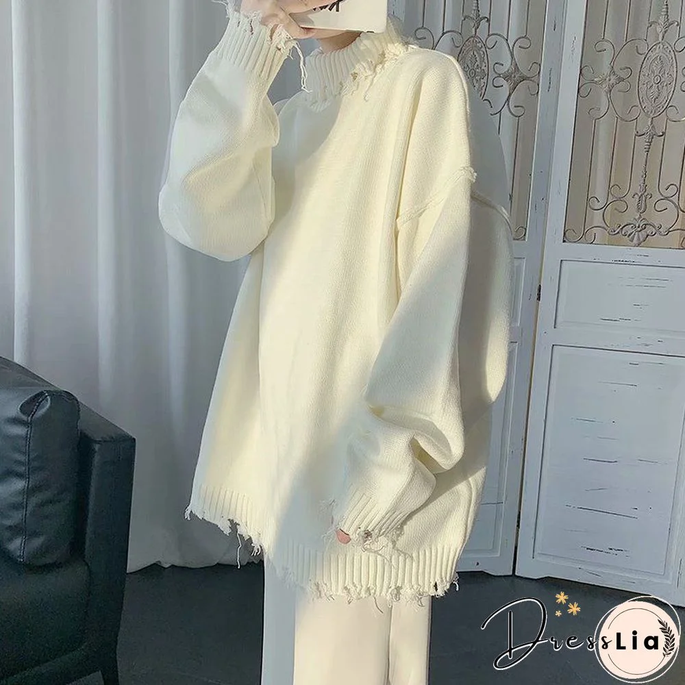 Grunge Gothic Black Oversize Sweater Women Korean Style Harajuku Vintage Beige Turtleneck Jumper Female Pullover Tops
