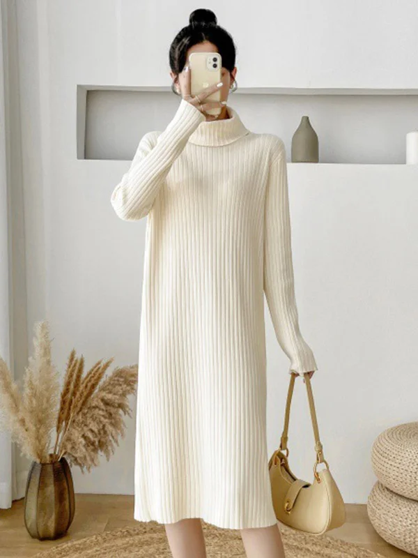 Casual 2 Colors Striped High-Neck Long Sleeves Sweater Dress
