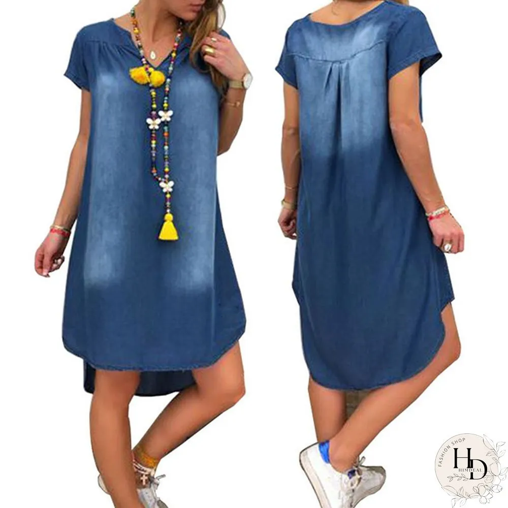 Women Fashion Summer Plus Size Short Sleeve Loose Denim Mini Jeans Dress
