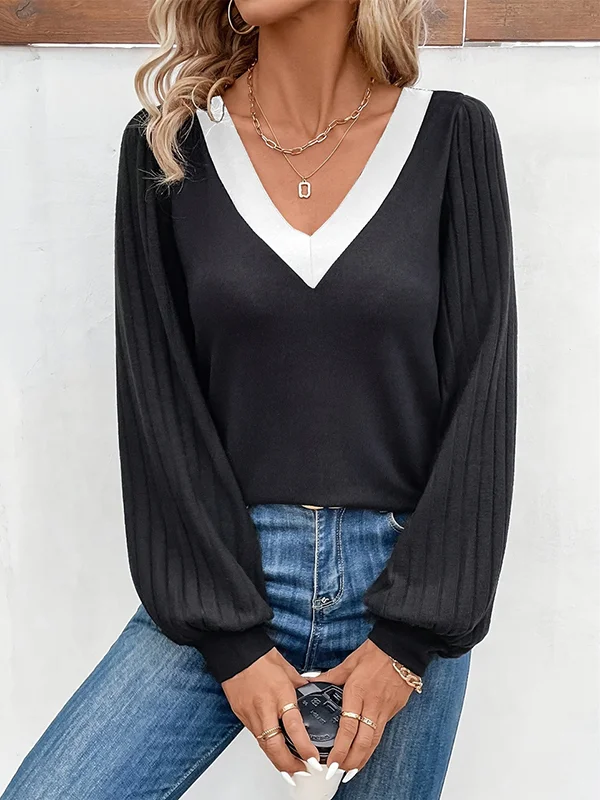 Contrast Color Long Sleeves Loose V-Neck T-Shirts Tops
