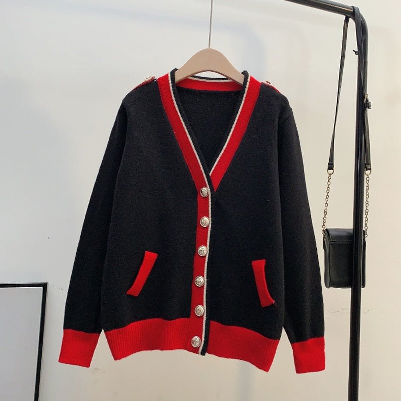 Red cardigan sweater jacket women South Korea 2021 autumn and winter new style foreign loose outer wear lazy knit top