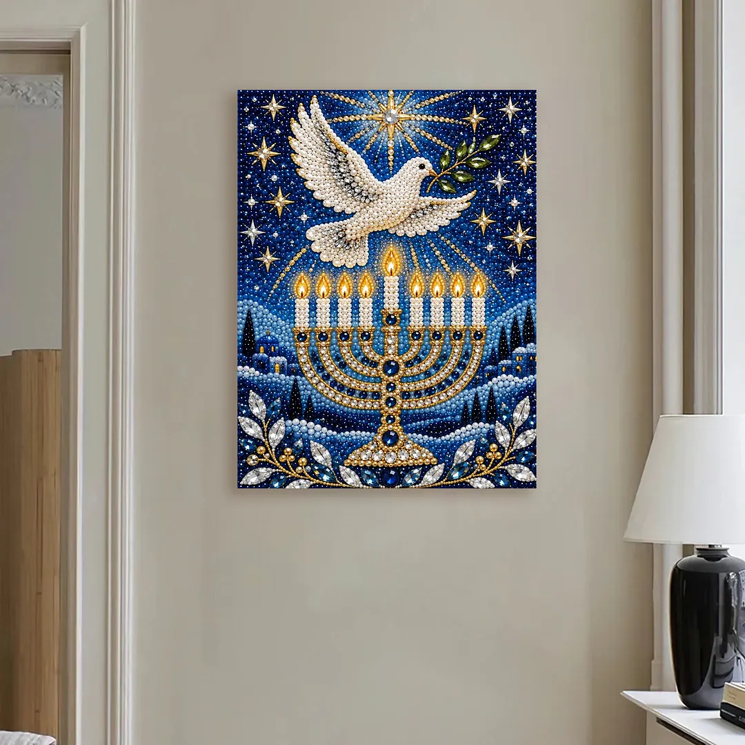 Framed Pearl Painting Kit Hanukkah Menorah Dove 11.81x15.75in
