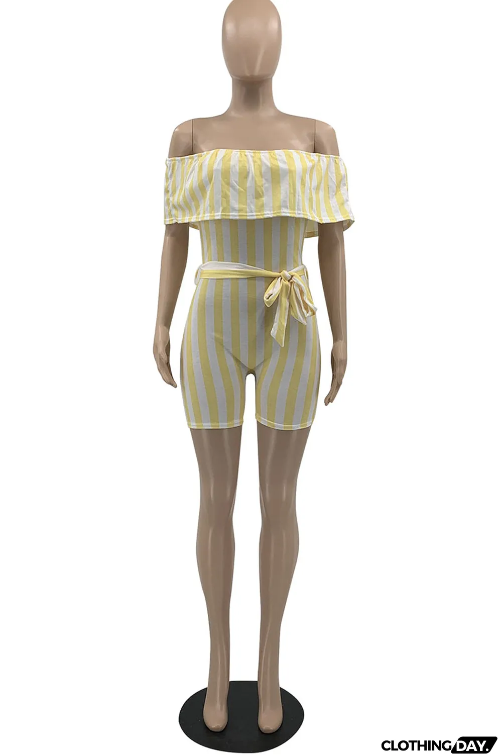 Sky Blue Casual Striped Print Patchwork Flounce Off the Shoulder Straight Jumpsuits