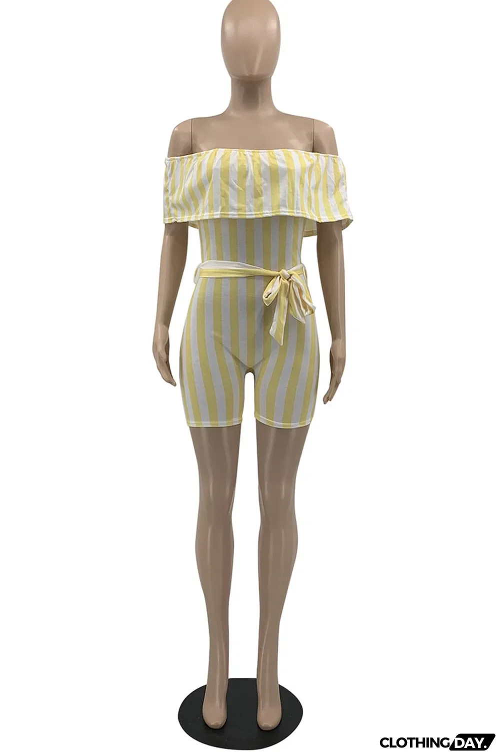 Sky Blue Casual Striped Print Patchwork Flounce Off the Shoulder Straight Jumpsuits