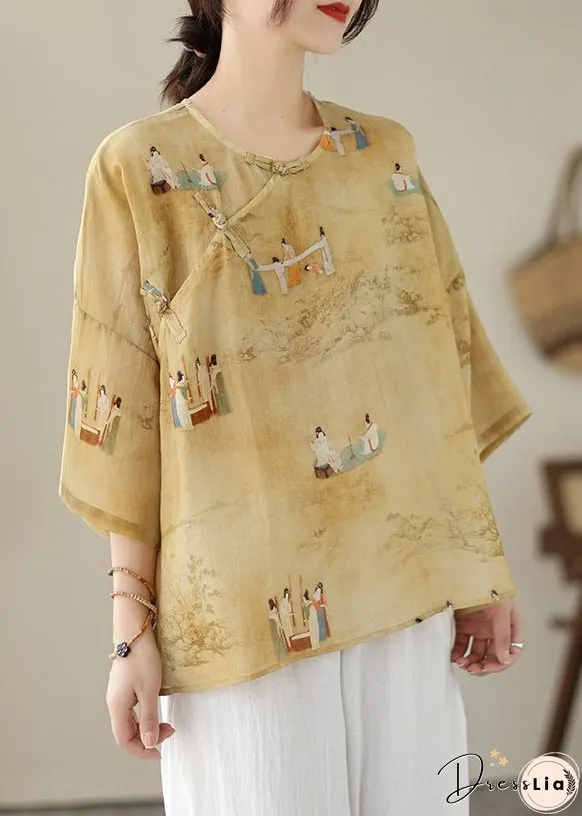 Loose Yellow O Neck Button Print Linen Shirts Batwing Sleeve