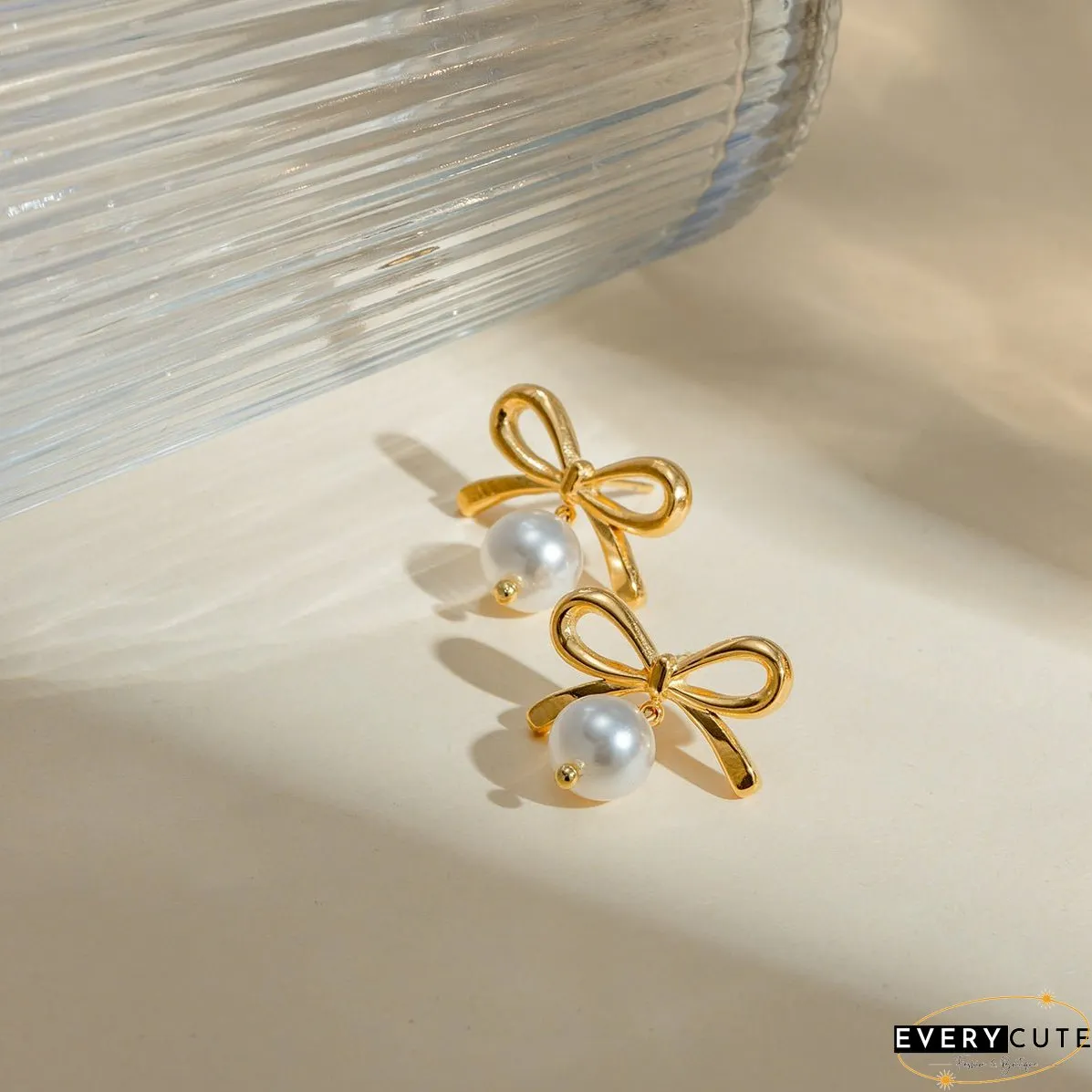 Stainless Steel Bow Pearl Earrings