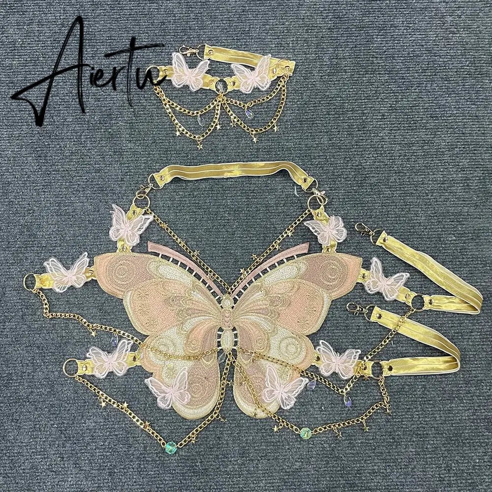 Aiertu  Sexy Woman Crystal Chain Butterfly Embroidery Sleeveless Backless Adjustable Ultra Short Top Music Prom Aiertu