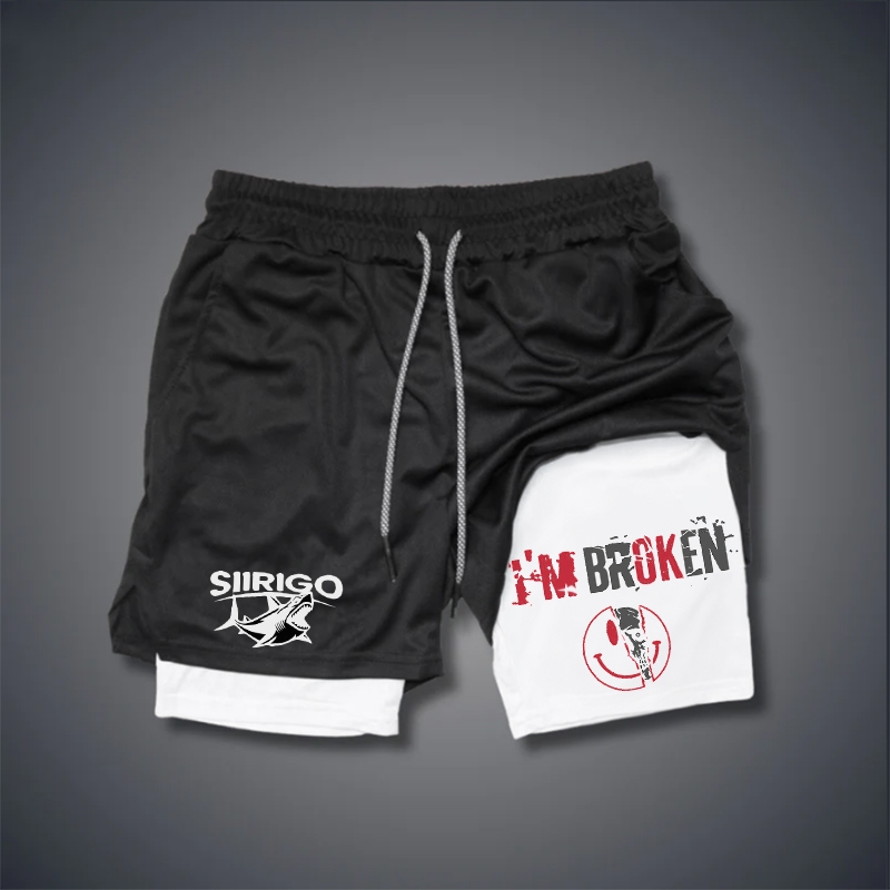 I’M BROKEN and Smiling Face Skull Graphic GYM PERFORMANCE SHORTS