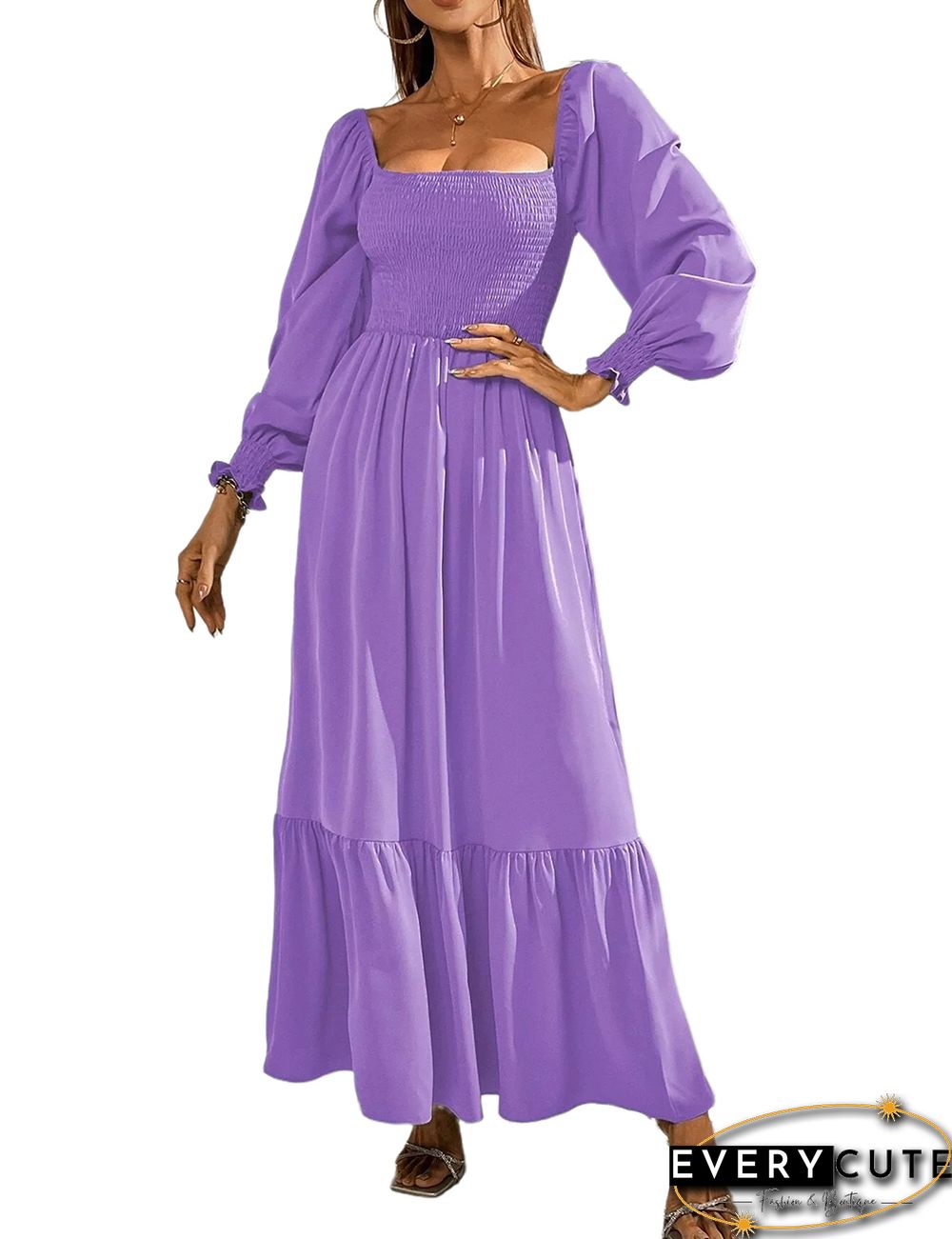 Purple Square Neck Pleated High Waist Maxi Dress