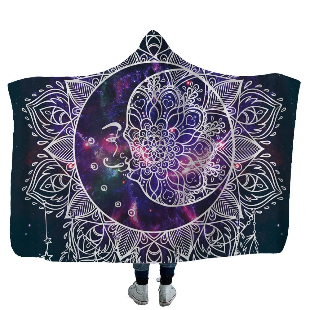 Mandala Hooded Blanket For Adults Childs 3D Printed Sherpa Fleece Blanket Microfiber Wearable Throw Blanket For Home Travel Sofa
