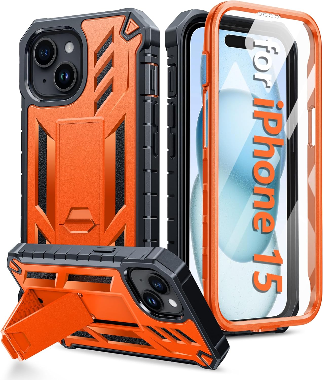 ProCaseMall iPhone 15 Phone Case Military Grade Shockproof Full Protection Hard Phonecase with Kickstand Orange
